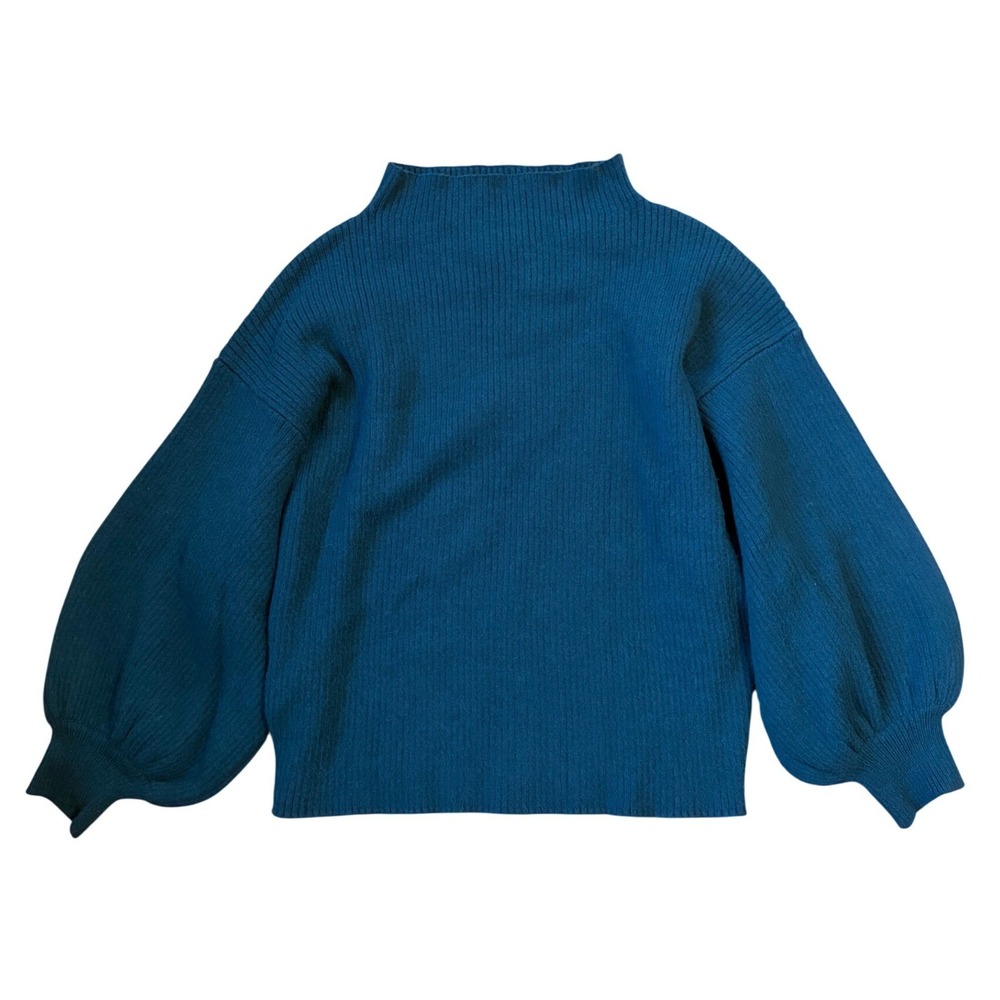 Line + Dot Teal Ribbed Mock Neck Balloon Sleeve Sweater Medium Slouchy Cozy Luxe